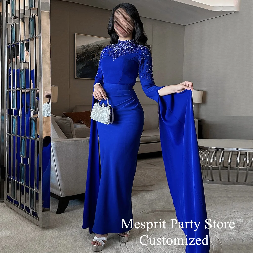 Royal Blue Prom Dress Saud Evening Dresses High Neck Customized Long Sleeves Crystal Stone Mermaid Party Gown فساتين سهرات