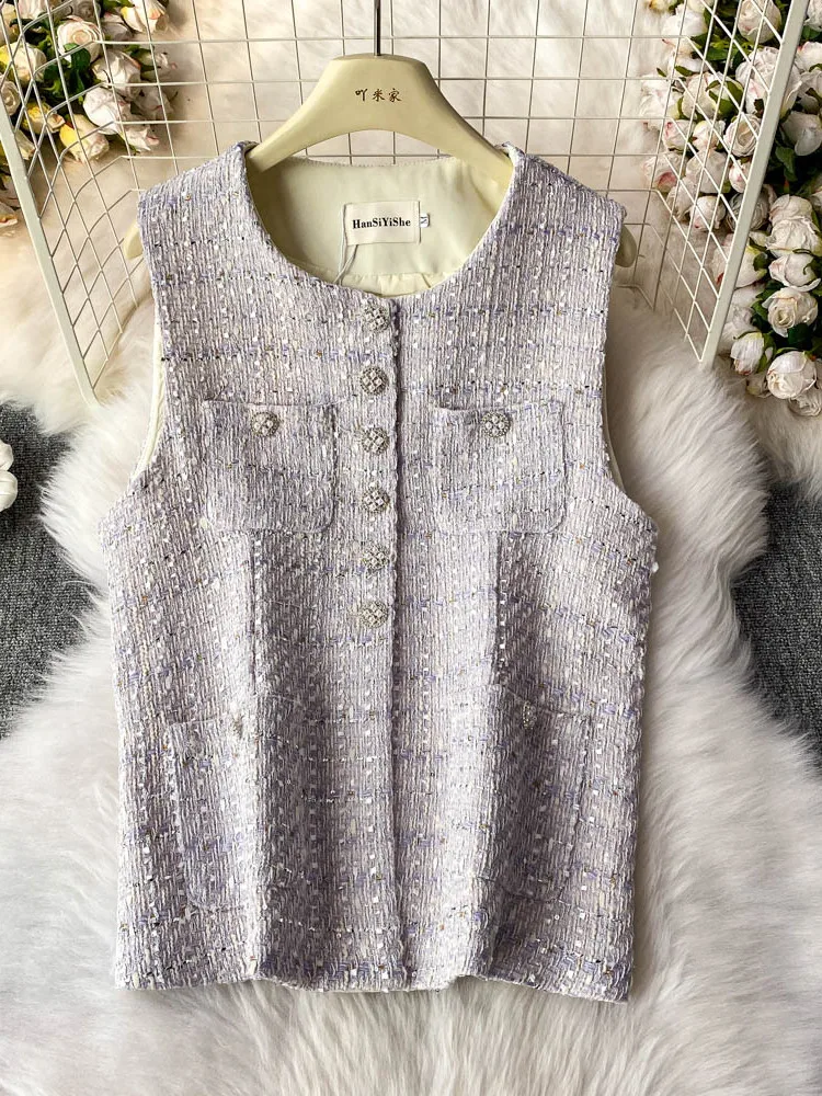 

Slim Fit round Ne Vest Women's No Sve Tweed Jaet Single Button Commute Sle Summer New Arrival Faion Upperwear