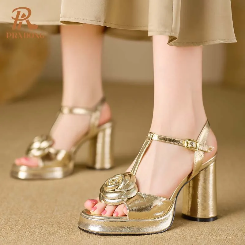 PRXDONG INS New Classics Genuine Leather Summer Shoes Woman Sandals T-strap Flowers Gold Silver Dress Party Wedding Lady Pumps