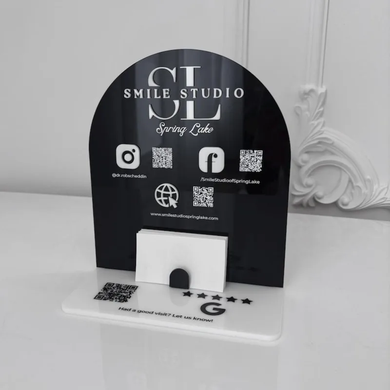 Custom Arched Acrylic QR Code Sign with White Details - Business Logo Display with Social Media Payment QR - Reception Desk Sign