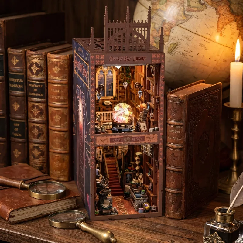 星空図書館 3D DIY 木製ブックエンドモデルキット - 3D組み立てパズルおもちゃ、ミニチュアハウスデコレーションデスクトップオーナメントギフト