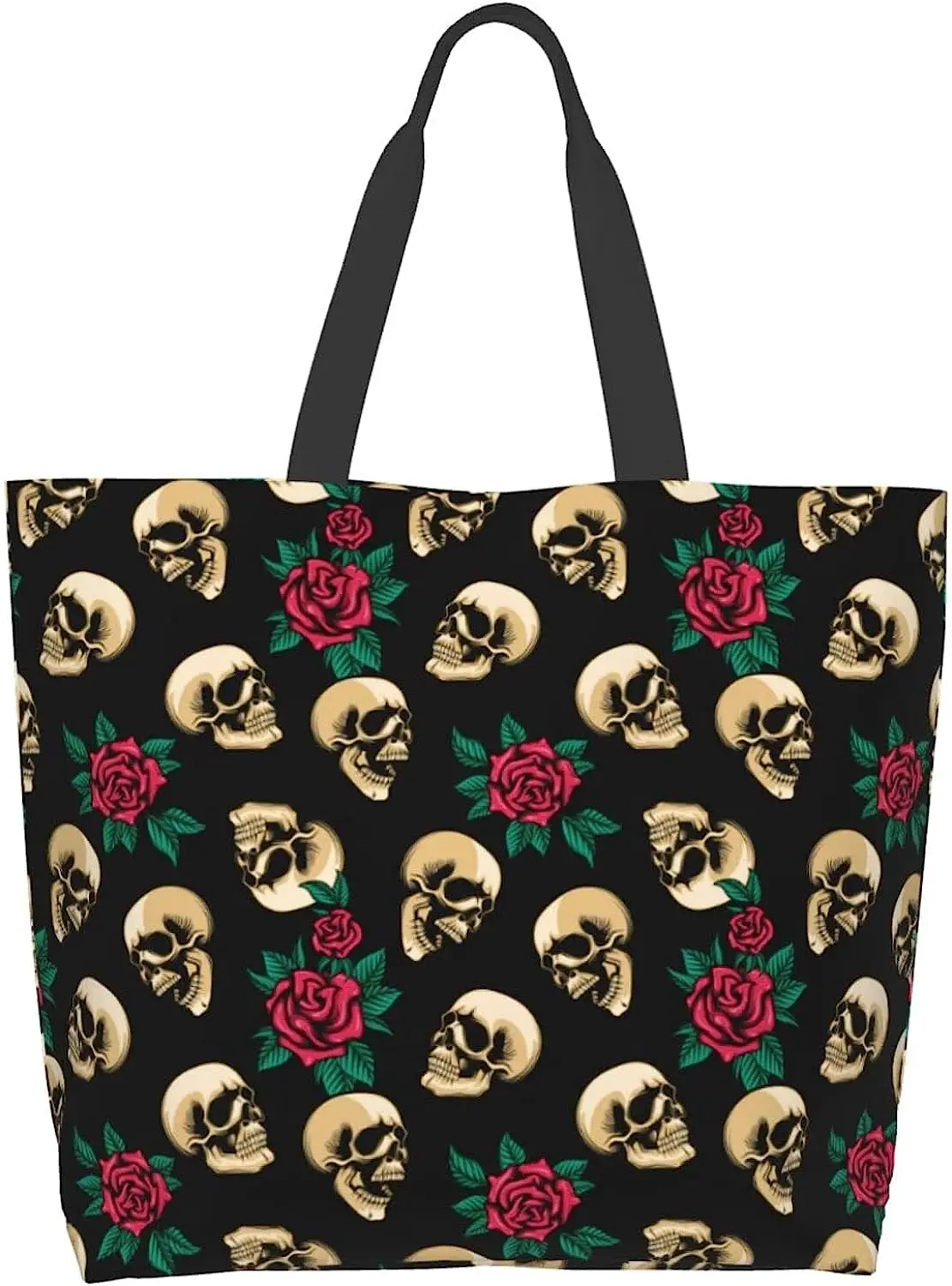 Rose Flower Skull Tote Bag Large Women Casual Shoulder Bag Handbag Reusable Shopping Grocery Bag Beach Bag For Women Girls