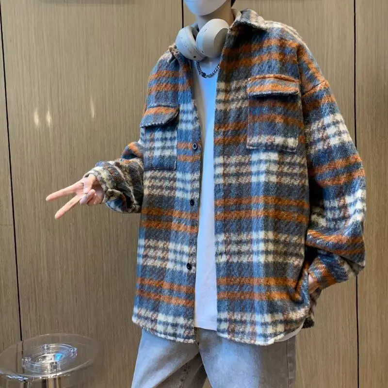

Мужская шерстяная куртка в клетку, весенне-осенняя свободная посадка с отложным воротником, повседневная верхняя одежда, модная американская брендовая молодежная одежда
