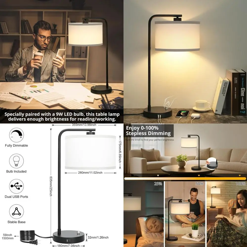 

Настольная лампа для фермерского дома с портом USB-A и C, регулируемая настольная лампа для спальни, светодиодная тумбочка для гостиной и офиса