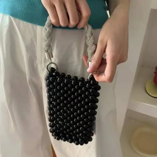 Luxe Diamanten Handvat Vrouw Handtassen Kralen Parels Tassen Voor Vrouw Kristallen Geweven Schouder Crossbody Tas Avond Bruiloft Clutch