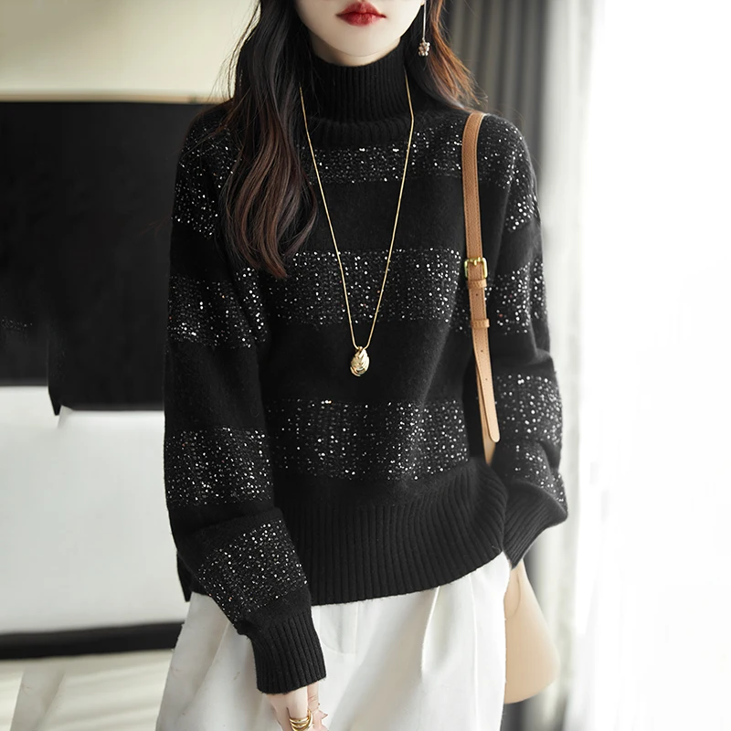 New wool sweater knitted high neck casual 2023 autumn/winter new sequin fashion design pullover sweater women's sweater