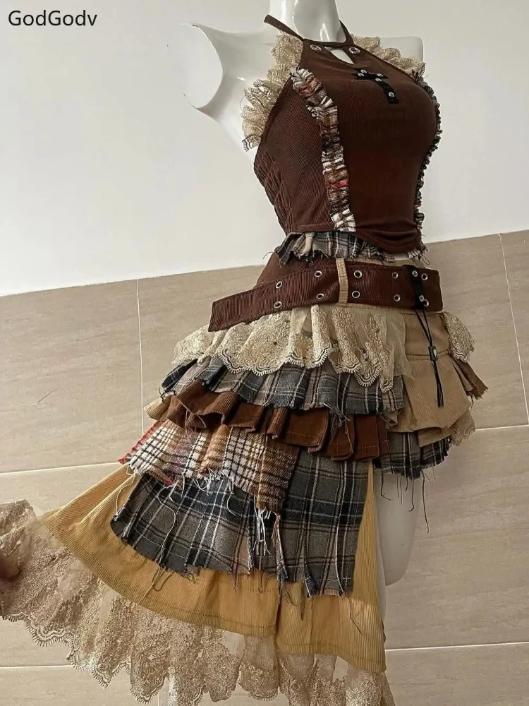 Summer Vintage Elegant Y2K Woman 2 Piece Sets Punk Gothic Strapless Crop Tops +High Waist Ruffle Skirt Female Party Outfits 2025