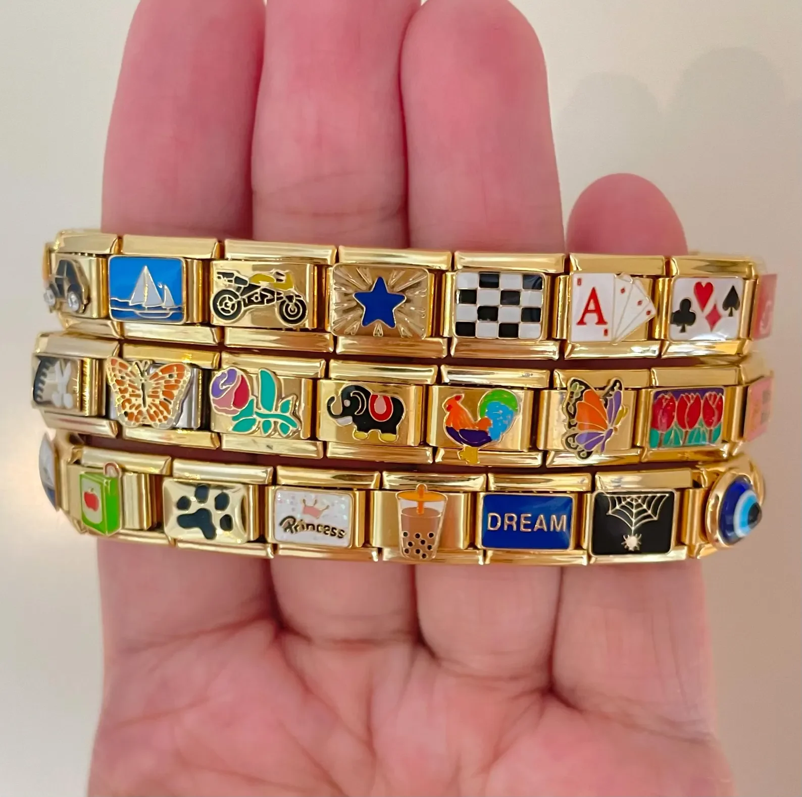 Benutzerdefinierte Goldfarbe Italien Charms personalisiertes italienisches Armband Poker Star Rose Eye Edelstahl 9mm Armband DIY Perlenschmuck – Detail 6