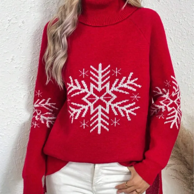 Women New Turtleneck Christmas Snowflake Knit Sweater Ladies Long Sleeve Thick Warm Loose Pullover Winter Holiday Party Sweater