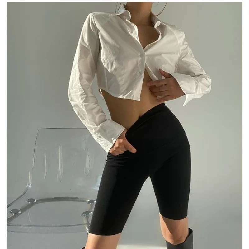 QWEEK Cropped White Short Shirts Gyaru Vintage Long Sleeve Blouse Solid Color Minimalist Casual Button Up Women Clothes Autumn