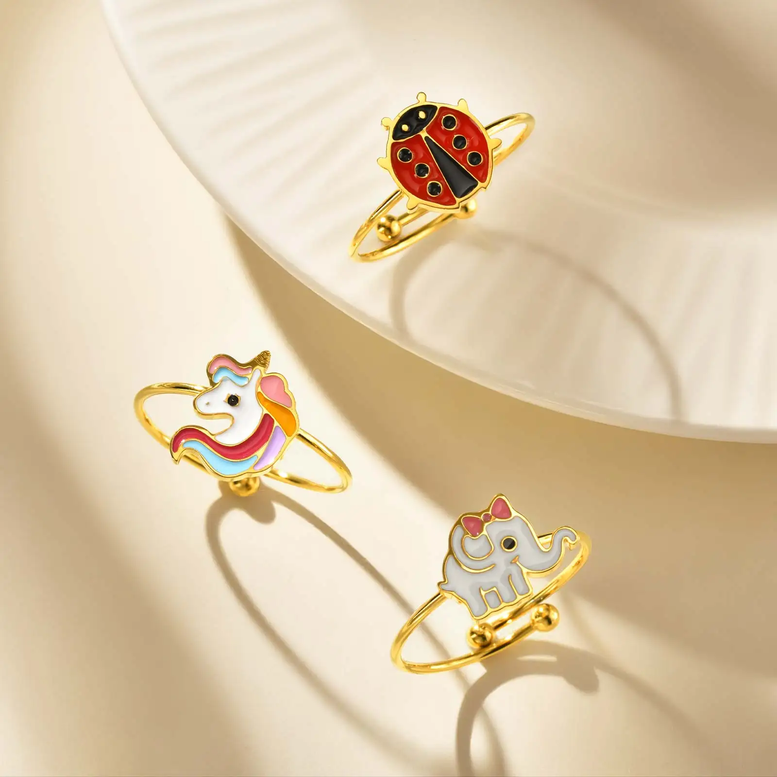 Cute Stainless Steel Animal Ring for Baby Little Girl,Gold Color Waterproof Ladybug Unicorn Elephant Opening Rings,Sweet Jewelry