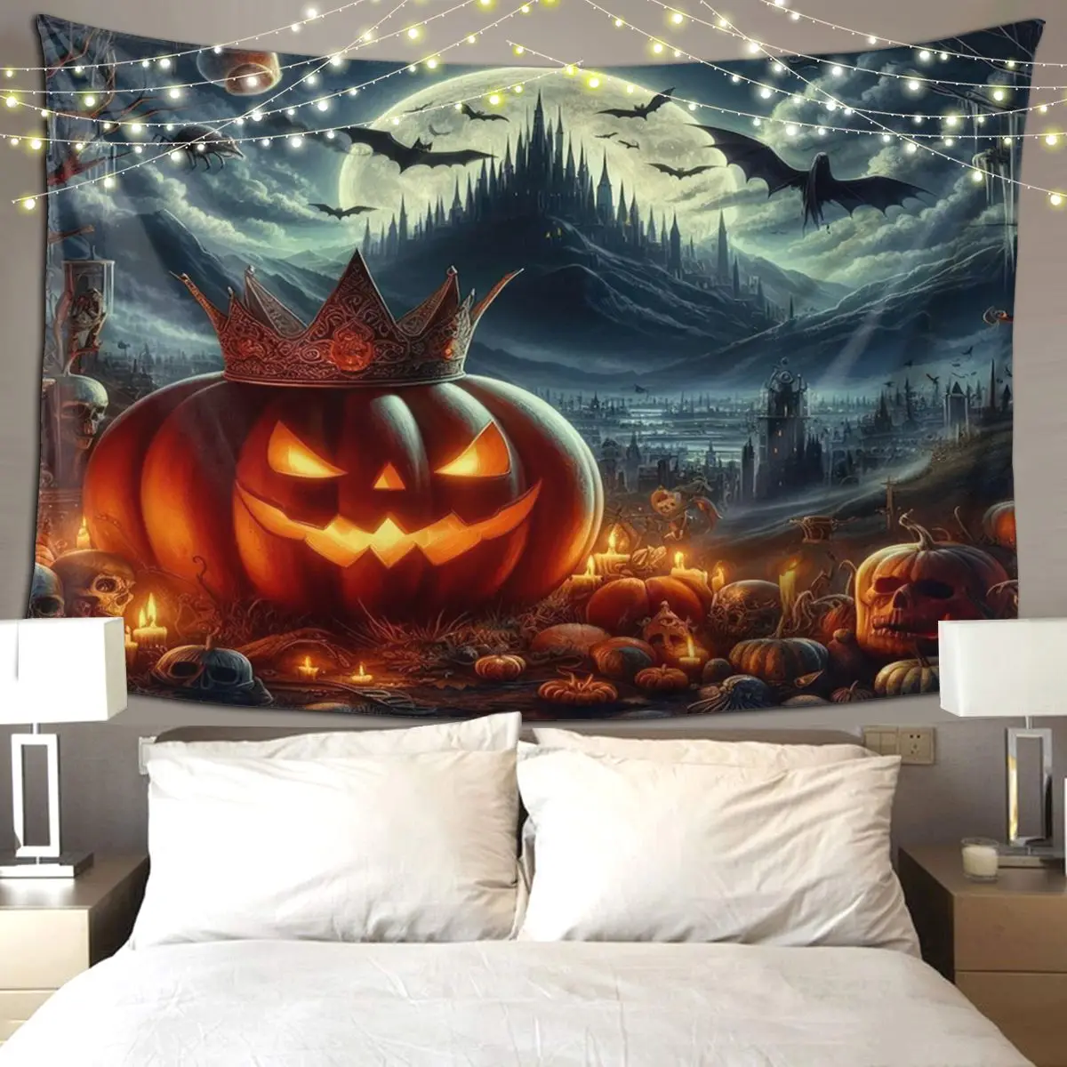 Pumpkin Lantern With Crown And Gloomy Landscape Halloween Pumpkin Tapestry Art Wall Hanging Aesthetic Home Decoration Tapestries