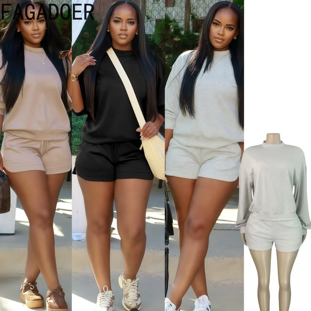

FAGADOER Autumn New Casual 2 Pieces Set for Woman Outfits Solid Color Long Sleeves Crop Top + Shorts Female Streetwear Clothing