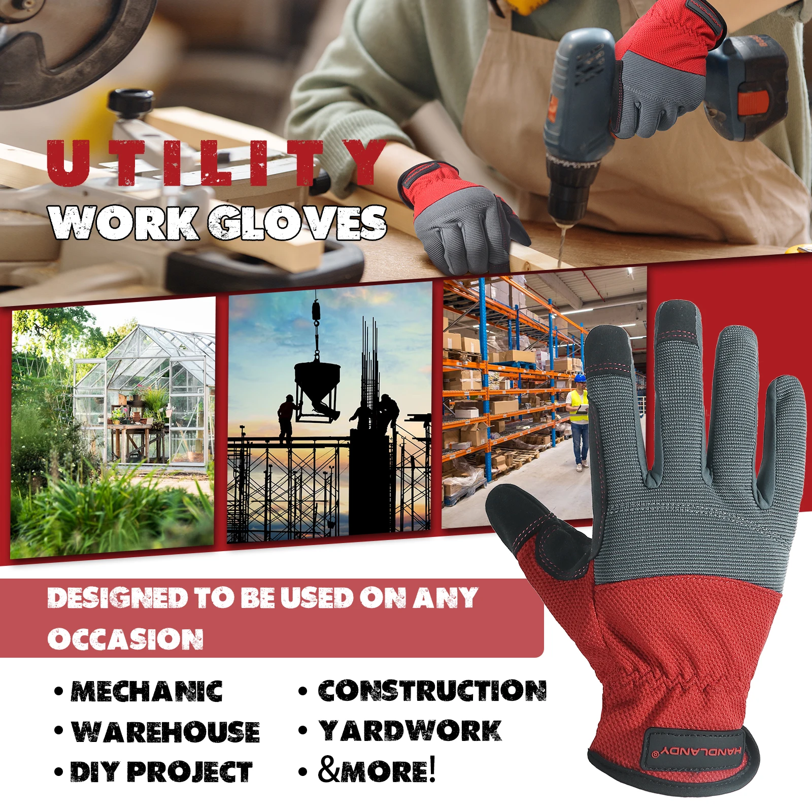 HANDLANDY Flexible Breathable Fit- Padded Knuckles & Palm Touch screen Utility Mechanic Mens Work Gloves
