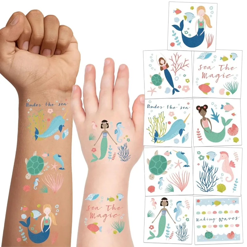 108Pcs Mermaid Temporary Tattoos Ocean Mermaid Party Favors for Under the Sea Celebrations with Turtles Shells Stickers Supplies