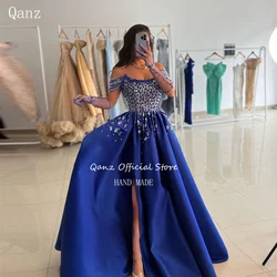 Qanz Elegant Evening Dresses Luxury Off the Shoulder Prom Dresses No Gloves Royal Blue Satin Slit Vestidos De Noche Customized