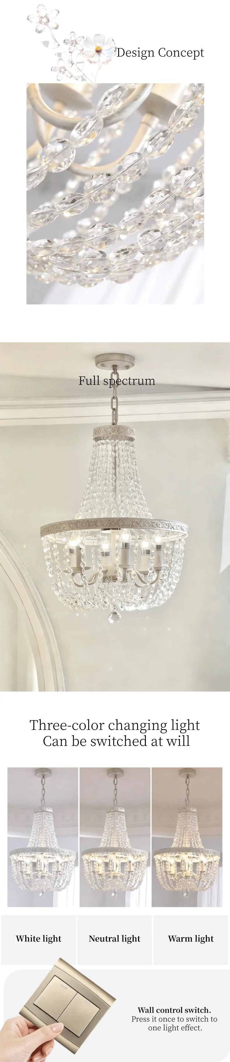 American K9 Crystal E14 Pendant Lights French White Iron