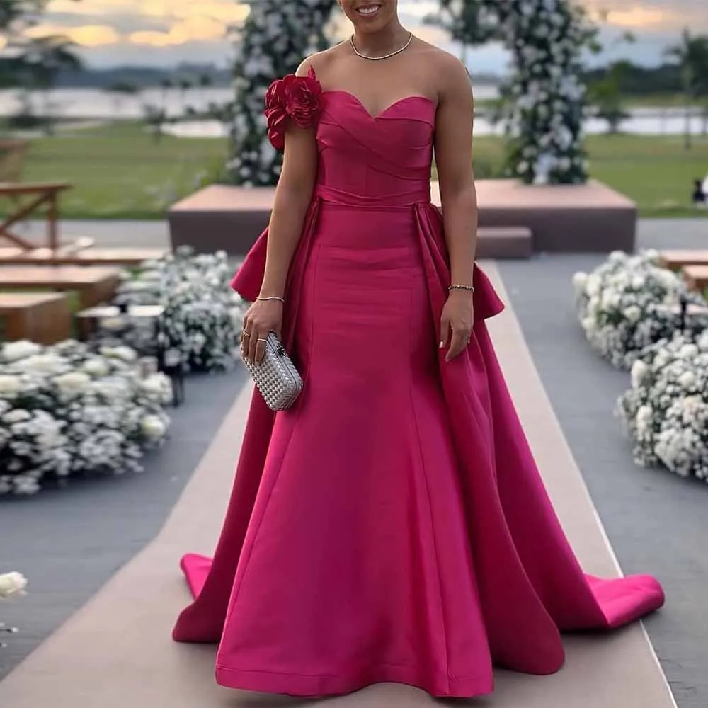 

Classy Prom Dresses for Ladies Satin Mermaid/Trumpet Birthday Dress Fuchsia Off-the-shoulder Applique Modern Party Dresses Long