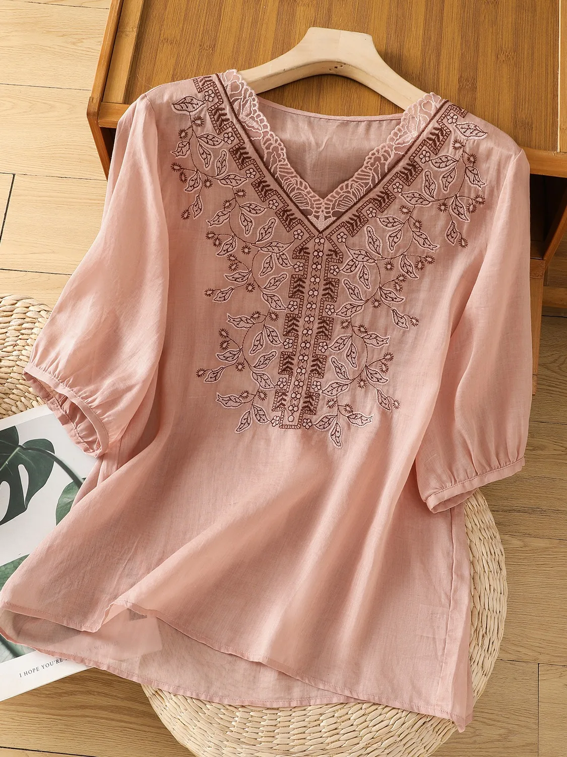 Ele Embroidered Cotton Linen irt Women Summer Loose Artistic Pure Color Sli V Ne T irt Small irt