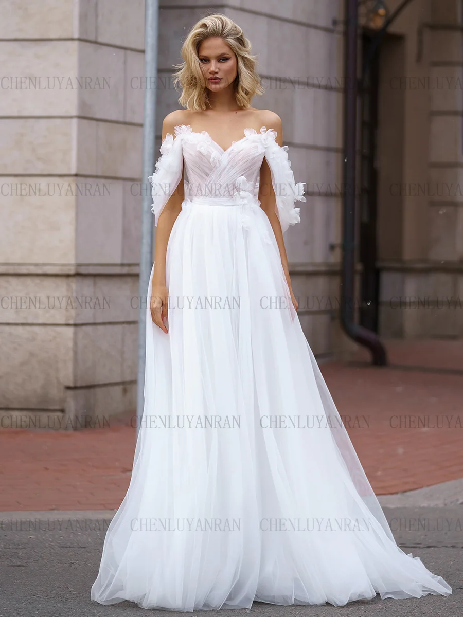 

Bohemia Tulle Wedding Dresses Sweetheart 3D Flower Long Bride Dresses A-Line Pleat Ivory Dress For Women 2023 Robe De Mariée