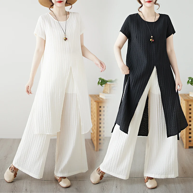 

Casual Two-Piece Set Irregular Top Skirt Pants Women's plus Size Spring Summer New Style Commute Style round Neck Long...