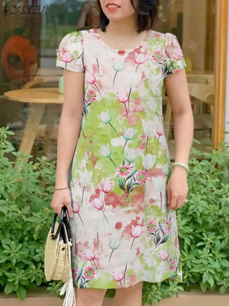 

ZANZEA 2024 Summer Short Sleeve Sundress Women Elegant Daily O Neck A-line Vestido Commute Casual Floral Print Knee-length Dress