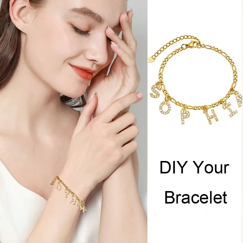 

Initial A~Z Letters Personalized Name Bracelet for Women Custom Stainless Steel Zircon Monogram Charm Bracelet Jewelry Gift