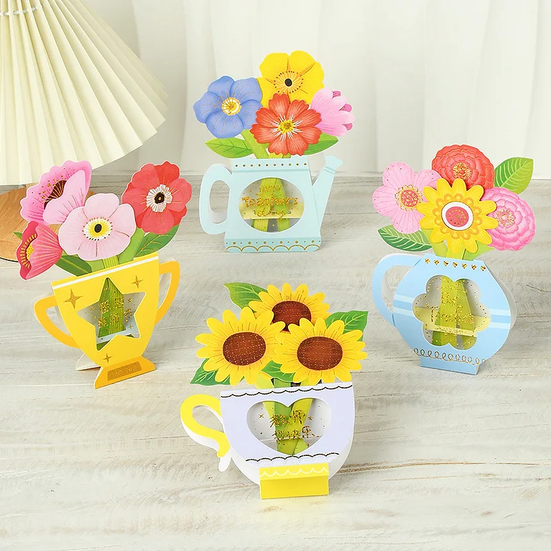 

4Pcs New Flower Modeling Teacher Card Greeting Card Creative Blessing Message Greeting Card Thanksgiving Teacher's Day Gift Card
