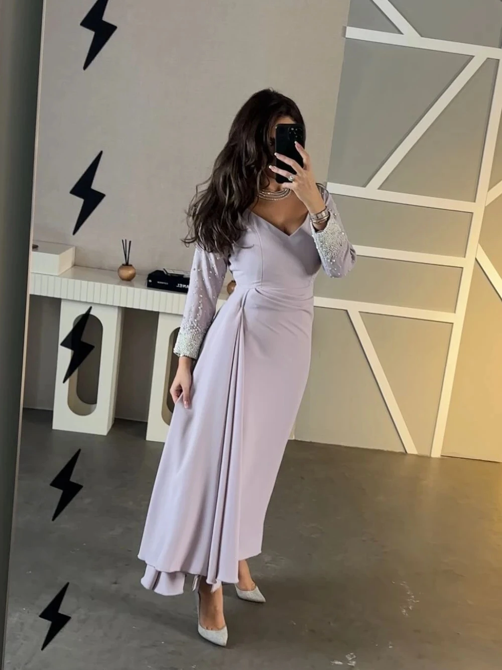 Lila con cuentas de manga larga vestido de ocasión a medida vestidos de noche Pastrol Jersey unisex Retro Dubai Arabia Saudita graduación personalizado