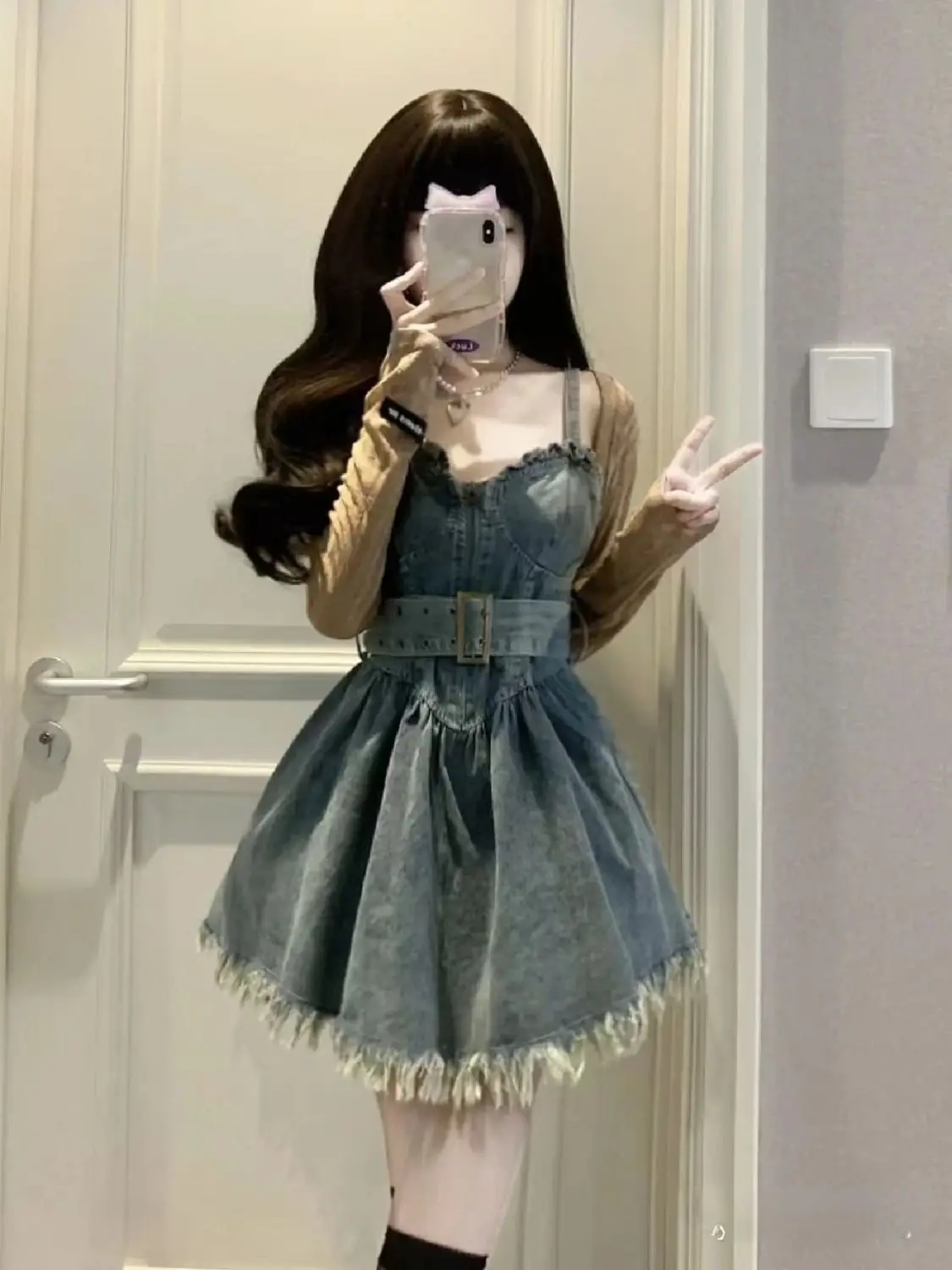 Tassel Hem Design Sling Denim Dress For Women Summer New Sister Irregular Retro Short Strap Dresses With Belt Cardigan Jacket