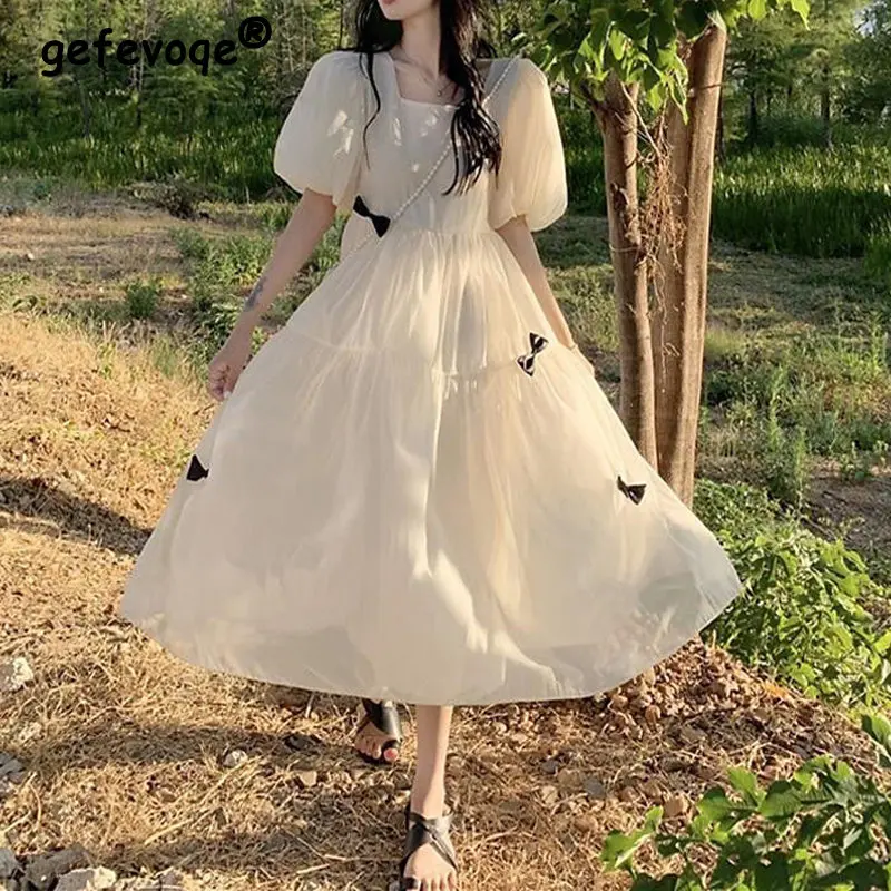 

Bow Mesh Chic Sweet Kawaii Casual Short Sleeve A-Line Midi Dress Women 2022 New Summer Fairy Princess Party Chiffon Dresses Robe