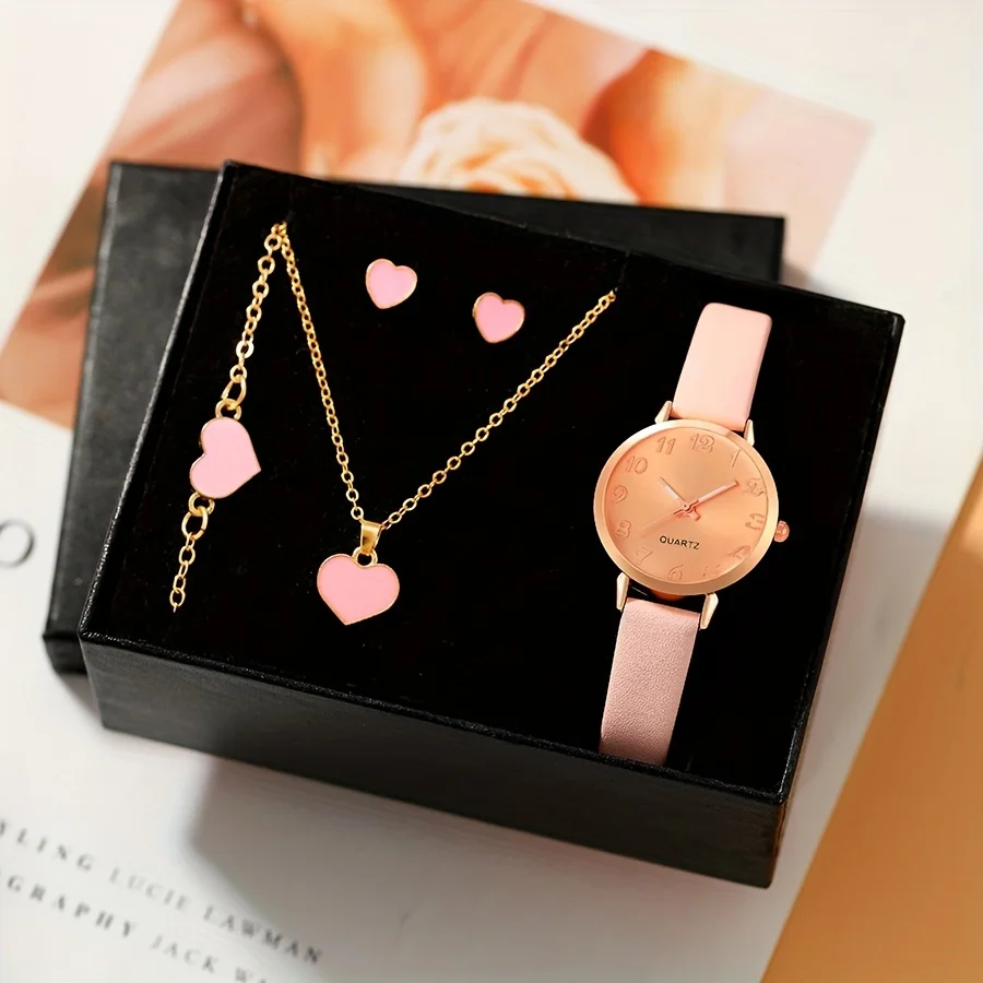 

Pink Round Pointer Quartz Watch Cute Fashion Analog Wrist Watch & 4pcs Jewelry Set, Gift For Women Girls Her