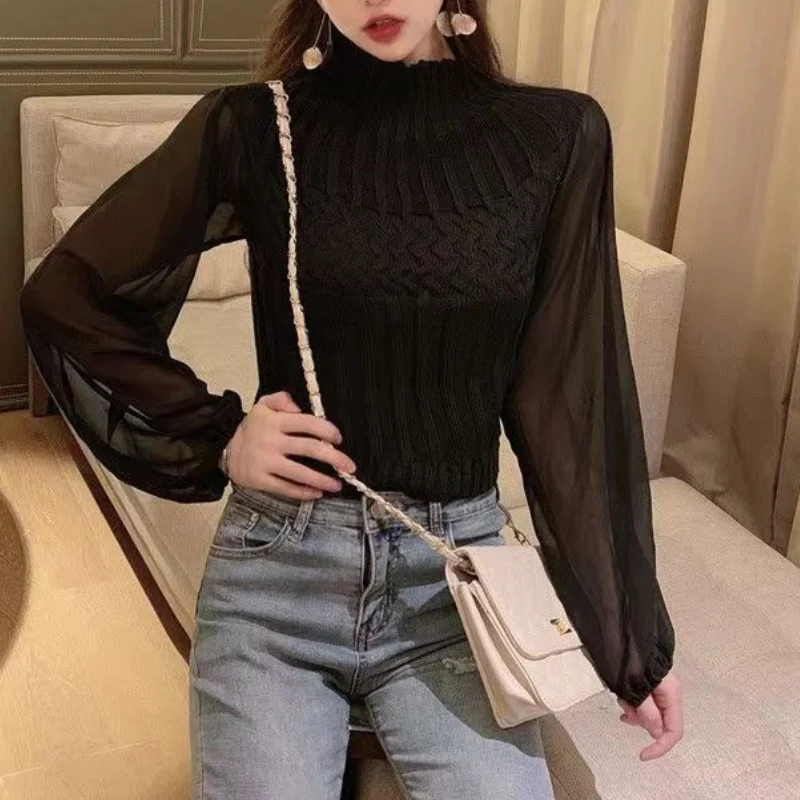 Autumn Women High Neck Stripe Sweater Pullover Sheer Lantern Sleeve Patchwork Slim Knit Top Casual Elegant Office Lady Solid Top