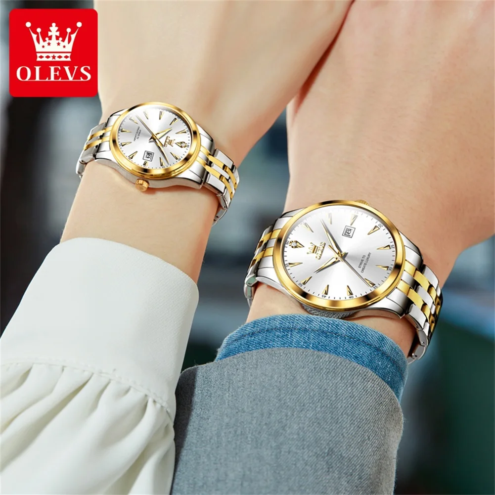 OLEVS New Fashion Couple Watch for Men Women Top Brand Luxury Stainless Steel Waterproof Luminous Date Quartz Watches Lovers