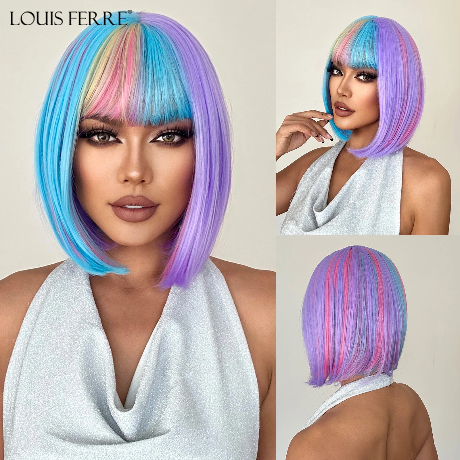 

Короткий прямой парик боб с челкой для женщин, радужный красочный парик из синтетических волос на Рождество, косплей, натуральный термостойкий парик