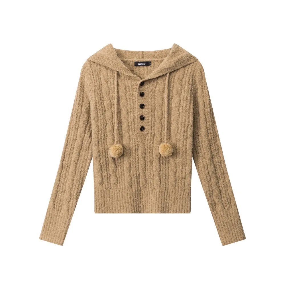 재미있는 털이 많은 볼 디자인 슬림핏 후드 여성 스웨터 니트 디자이너 겨울 옷 여성 소녀 우아한 긴 소매 탑스 풀오버