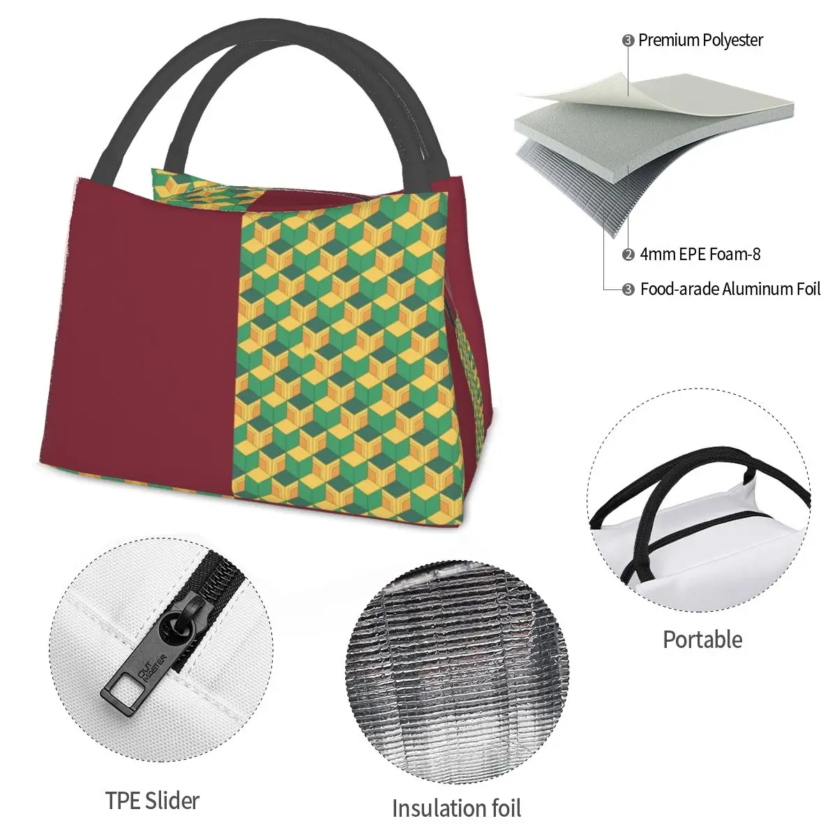 Sacos de almoço padrão Tomioka Giyuu Haori, caixa Bento isolada, sacola de piquenique reutilizável, refrigerador, bolsa térmica para mulher, estudante