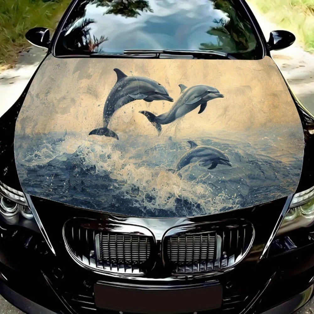 

Dolphins Jumping Out of The Water Under Car Hood Wrap Color Vinyl Sticker Truck Graphic Bonnet Auto Accessories Decor Decal Gift