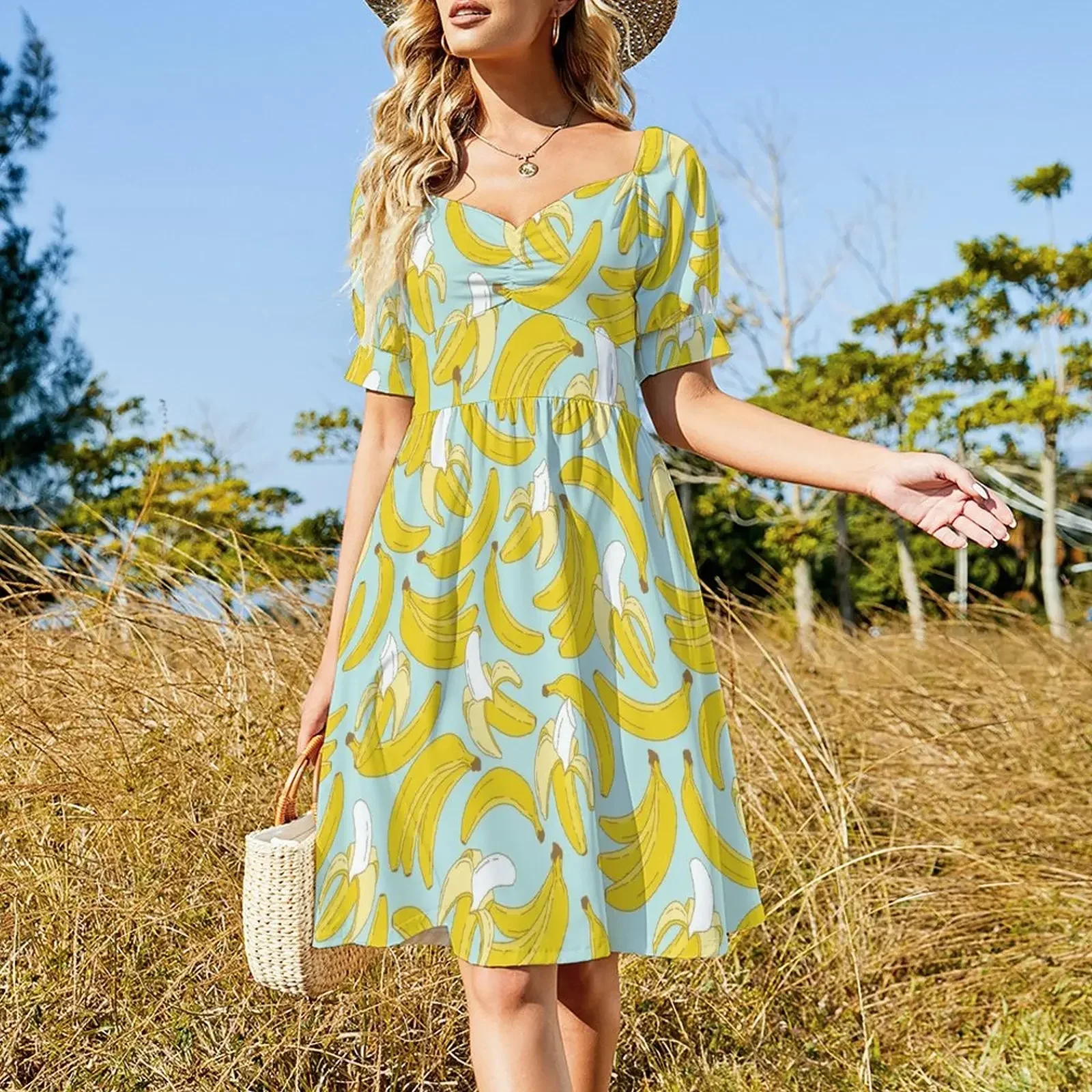 Banana pattern on turquoise background Sleeveless Dress Beachwear cocktail dresses party dresses woman Dress