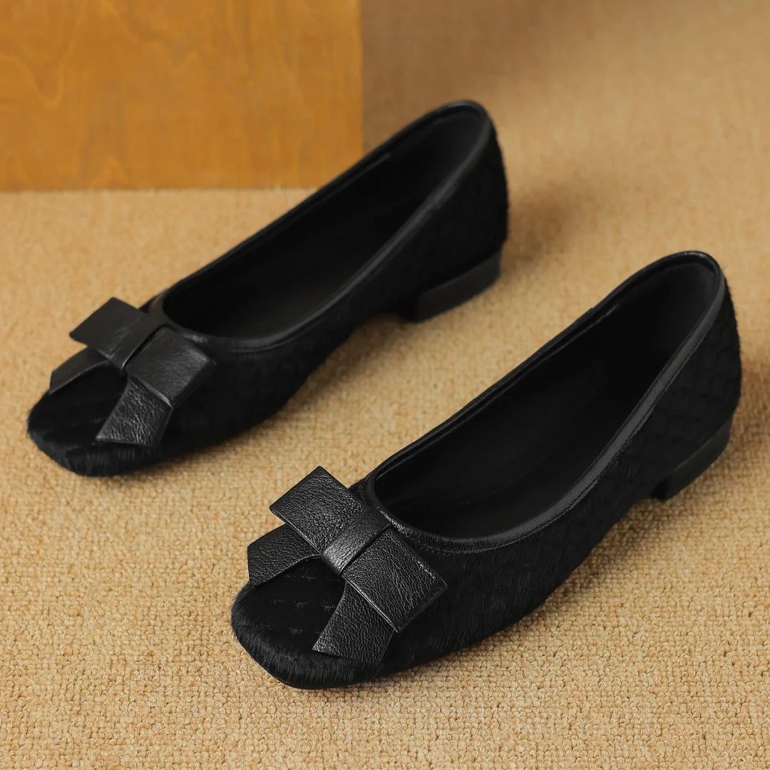 Plus size 34-41 women\'s horsehair round toe slip-on flats single shoes sweet bowtie elegant ladies slim daily dress shoes woman