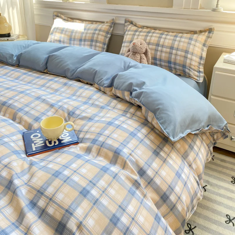 A set of four fresh and clean minimalist cotton bed linens suitable for skin contact and machine washing.