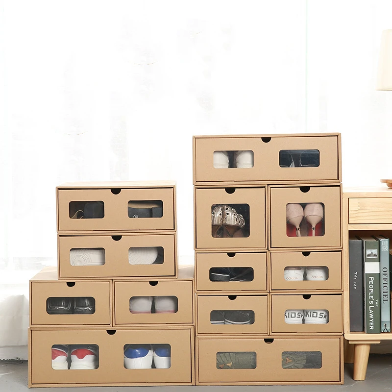 NEW Kraft Paper Shoe Boxes DIY Multifunction Foldable Eco-friendly Drawer Stackable Dust-proof Boots Organizer Case Shelf Stack