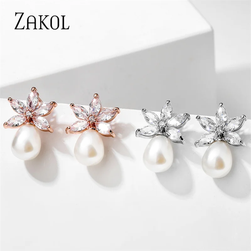 ZAKOL Fashion Simple Leaf Cubic Zirconia Pearl Drop Stud Earrings for Women Elegant Bride and Bridesmaid Earring