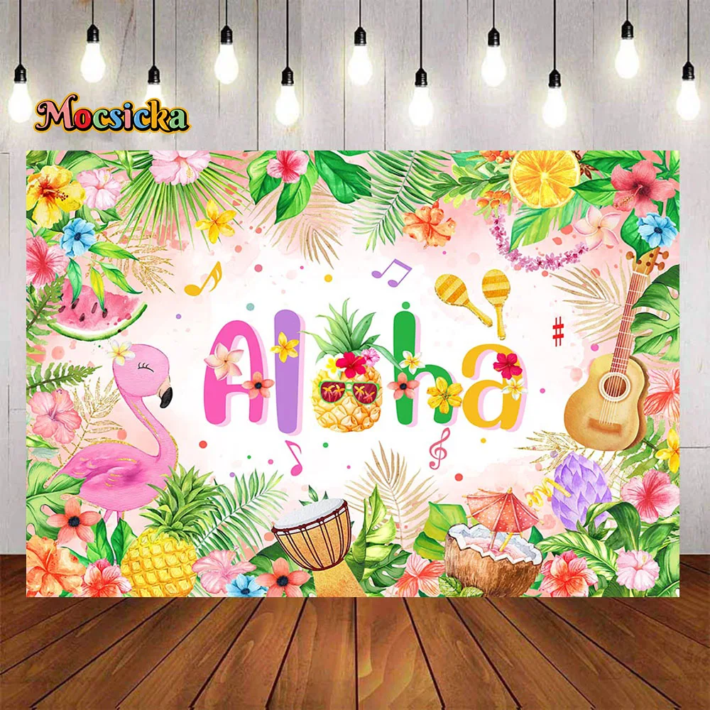 Aloha Hawaii Birthday Party Background Flamingo Girl Baby Show Backdrop Fruit Pineapple Guitar Tropical Flower Decor StudioBooth