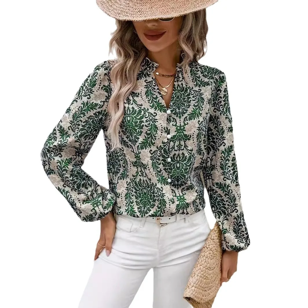 2025 novedad de verano para mujer, camisa con estampado bohemio para mujer, camisa elegante de manga larga a la moda con una sola botonadura, Top ajustado para mujer