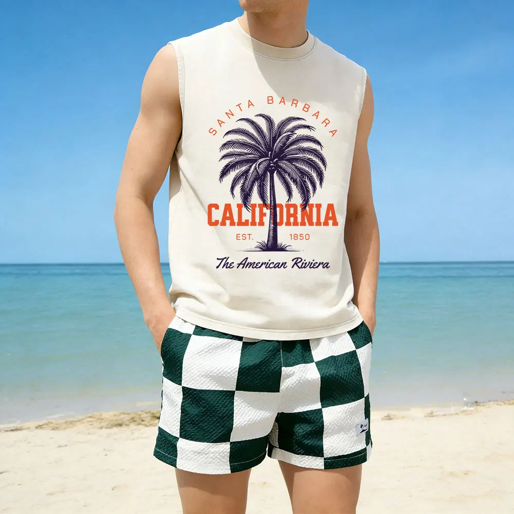 

Men's Summer Beach Outfit 2 Piece Set Palm Tree Graphic Wash Tank Top and Green White Checkered Shorts Casual Vacation Tracksuit