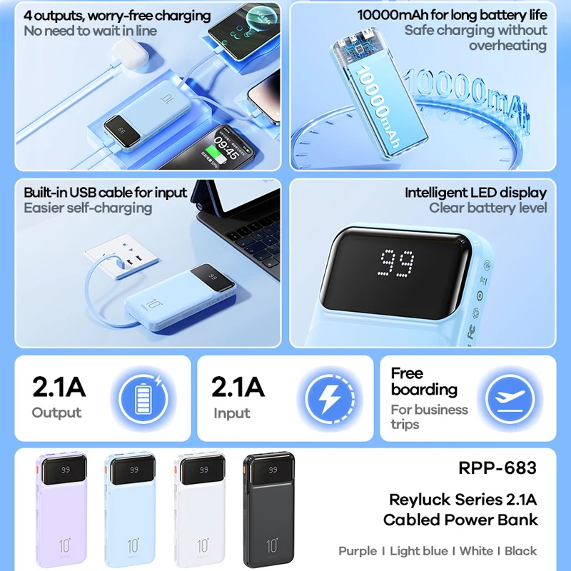 REMAX Built-in Cables 10000mAh Power Bank For iPhone 15 Pro MAX 14 13 12 Mini Samsung Xiaomi Powerbank Portable External Charger