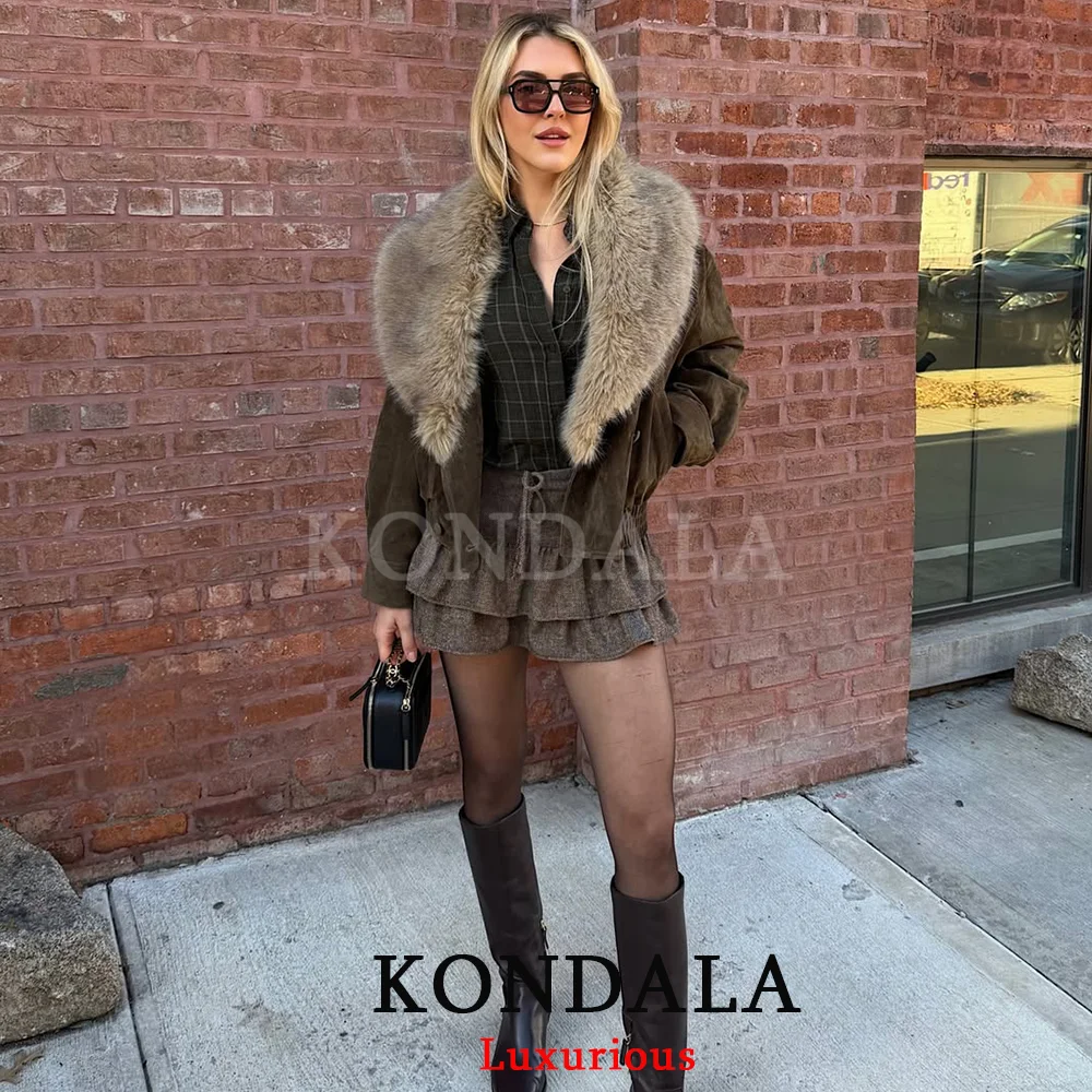 Kondala casual chique verde camurça jaquetas femininas com decote em v gola de pele botões duplos casacos moda 2026 primavera streetwear outwears