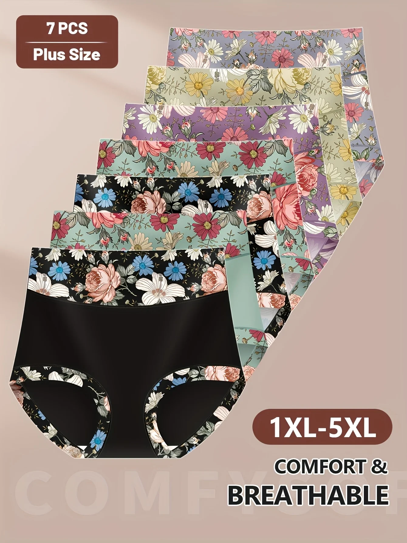 7 قطع سراويل داخلية نسائية عالية الخصر مقاس كبير - طباعة زهور أنيقة، تحكم في البطن ورفع المؤخرة، مزيج بوليستر مسامي،