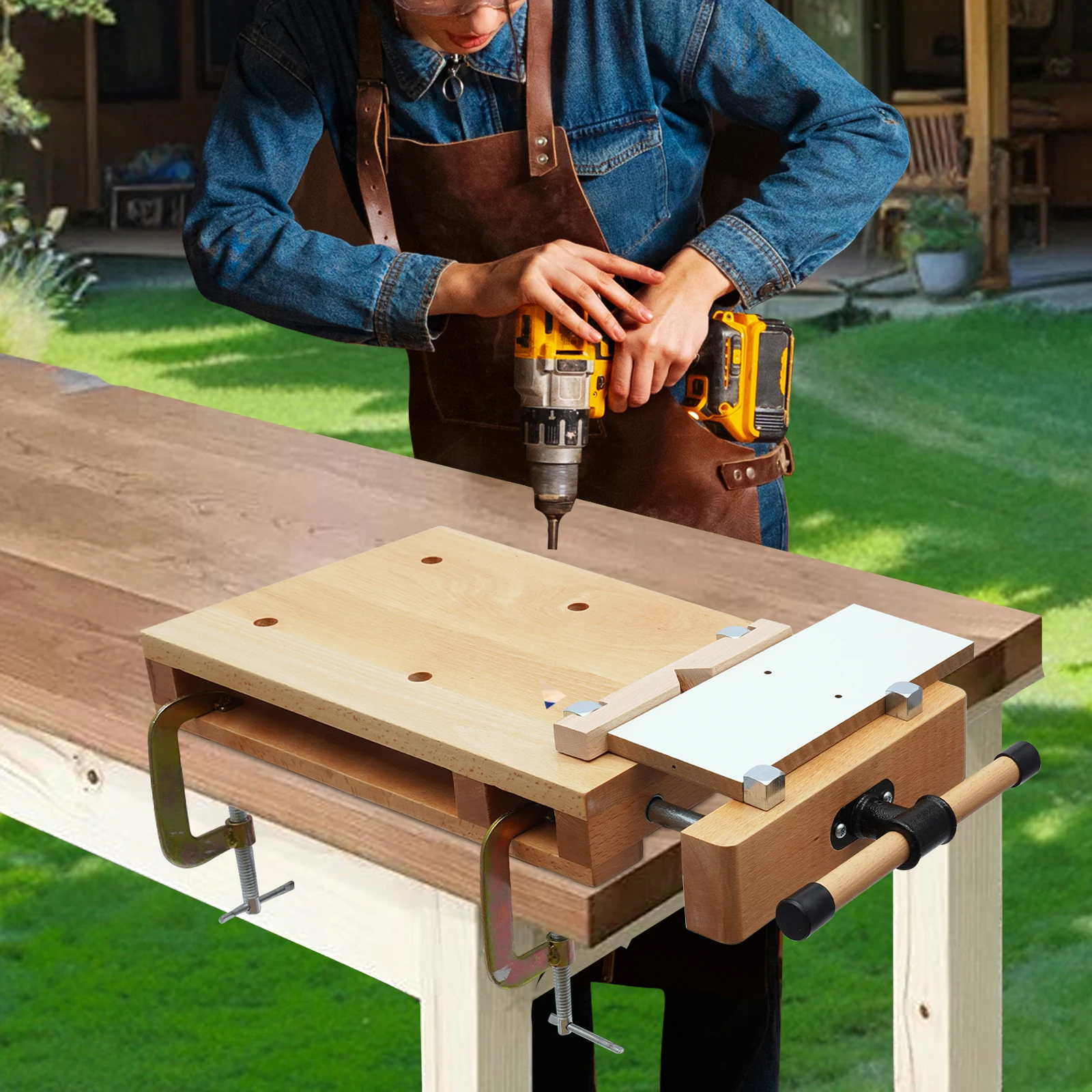 Oryginalny kolor drewna, imadło stolarskie, stół warsztatowy z litego drewna bukowego - otwór na klipsy 20 cm, stabilne mocowanie (bez uszkadzeń elementu roboczego)